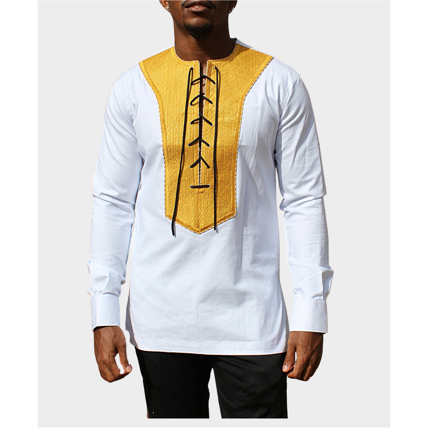 Men's Embroidered African Lace Up Top - White