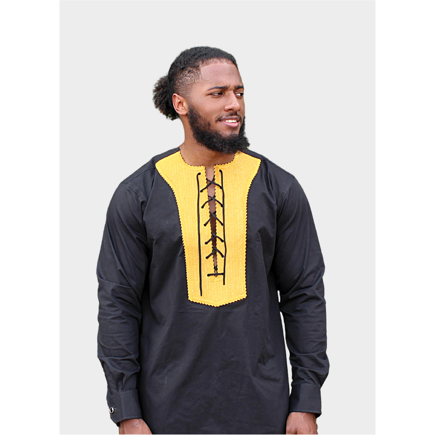 Men's Embroidered African Lace Up Top - Black
